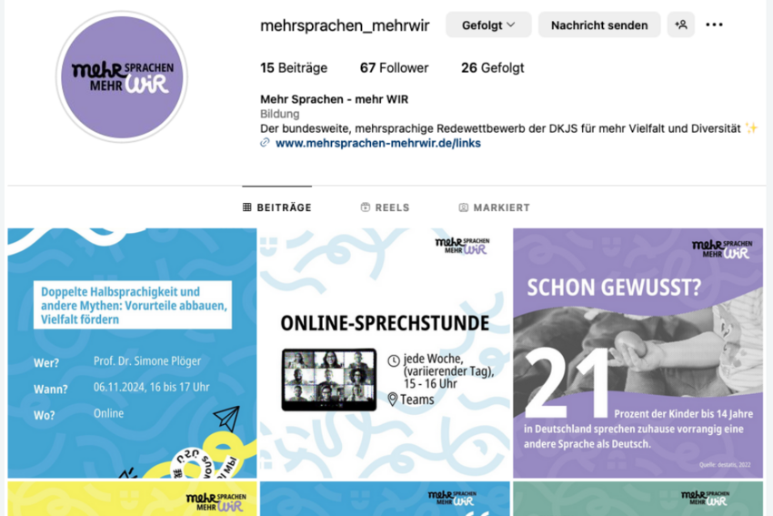 Ansicht des Instagram-Kanals von Mehr Sprachen - Mehr Wir